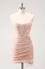 Blush Bodycon Strapless Hollow Out Sequins Ruched Homecoming Dress with Tassel sold by Zapaka