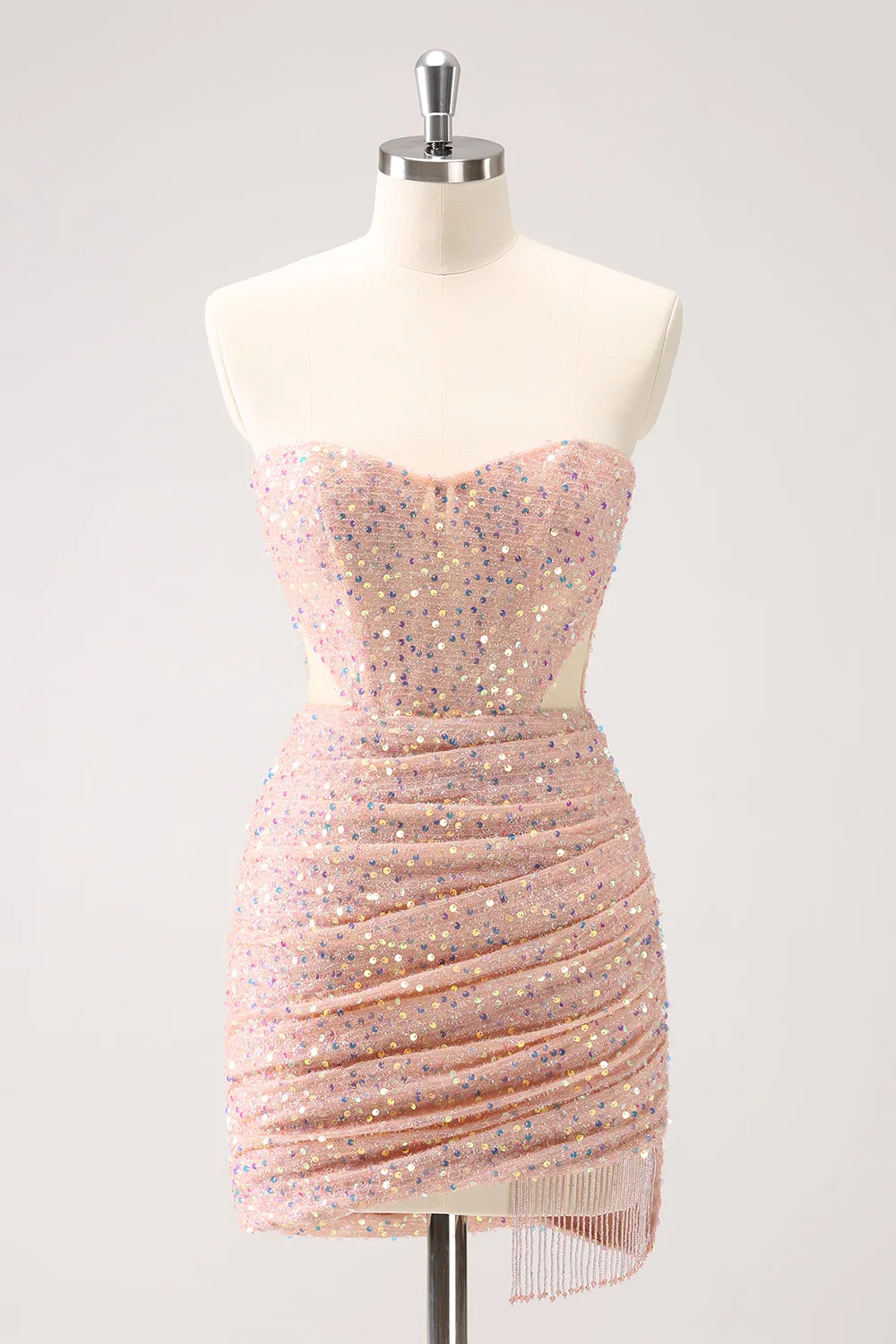 Blush Bodycon Strapless Hollow Out Sequins Ruched Homecoming Dress with Tassel sold by Zapaka