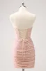 Blush Bodycon Strapless Hollow Out Sequins Ruched Homecoming Dress with Tassel sold by Zapaka