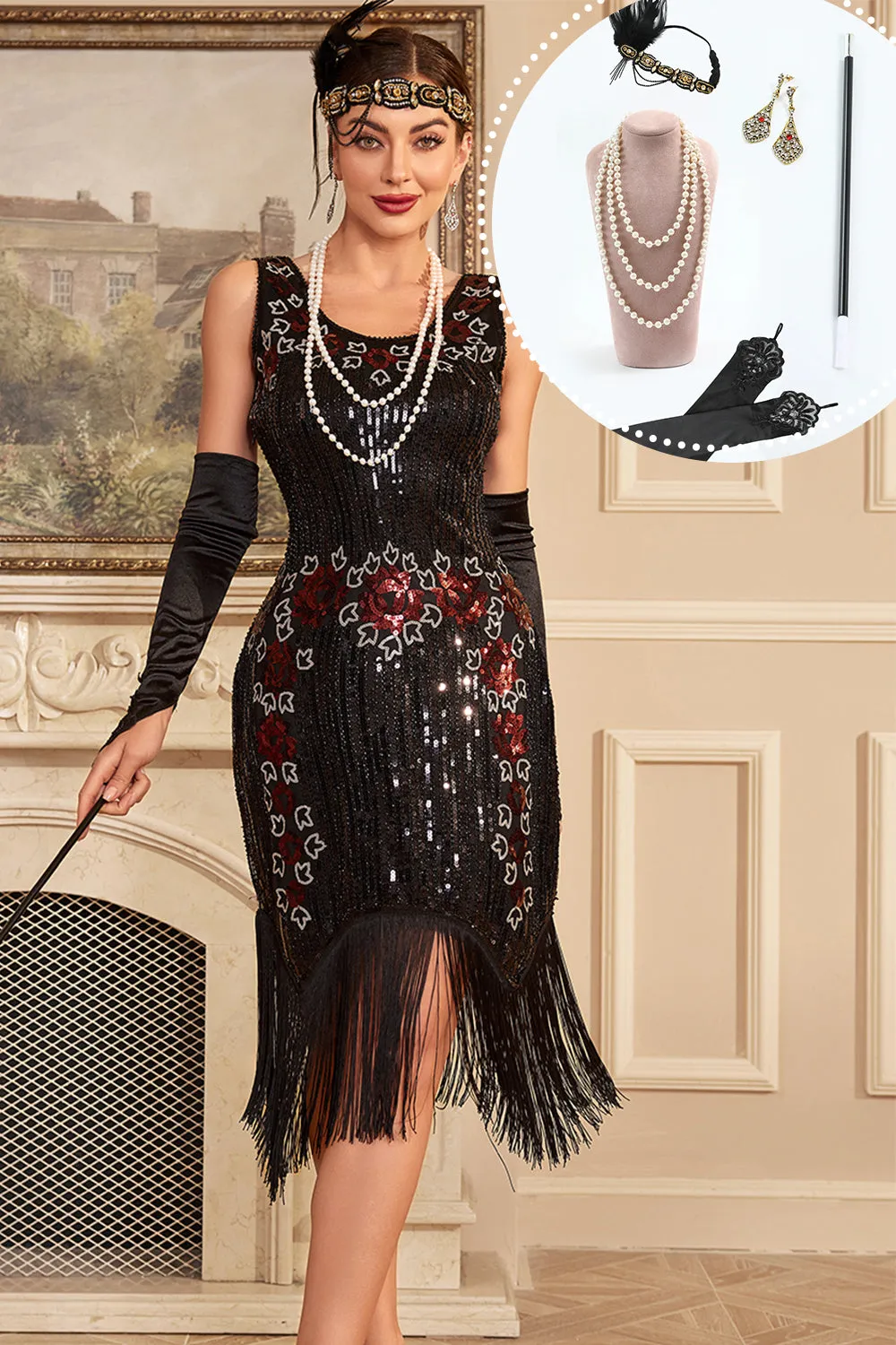 Black Sleeveless Sparkly Fringes Flapper Dress with Accessories Set sold by Zapaka
