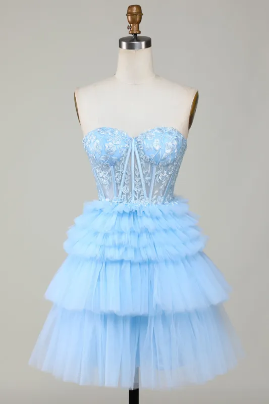 Cute A-Line Sweetheart Blue Corset Short Homecoming Dress with Ruffles sold by Zapaka