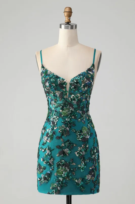 Sparkly Dark Green Beaded Sequins Bodycon Homecoming Dress with Lace-up Back sold by Zapaka