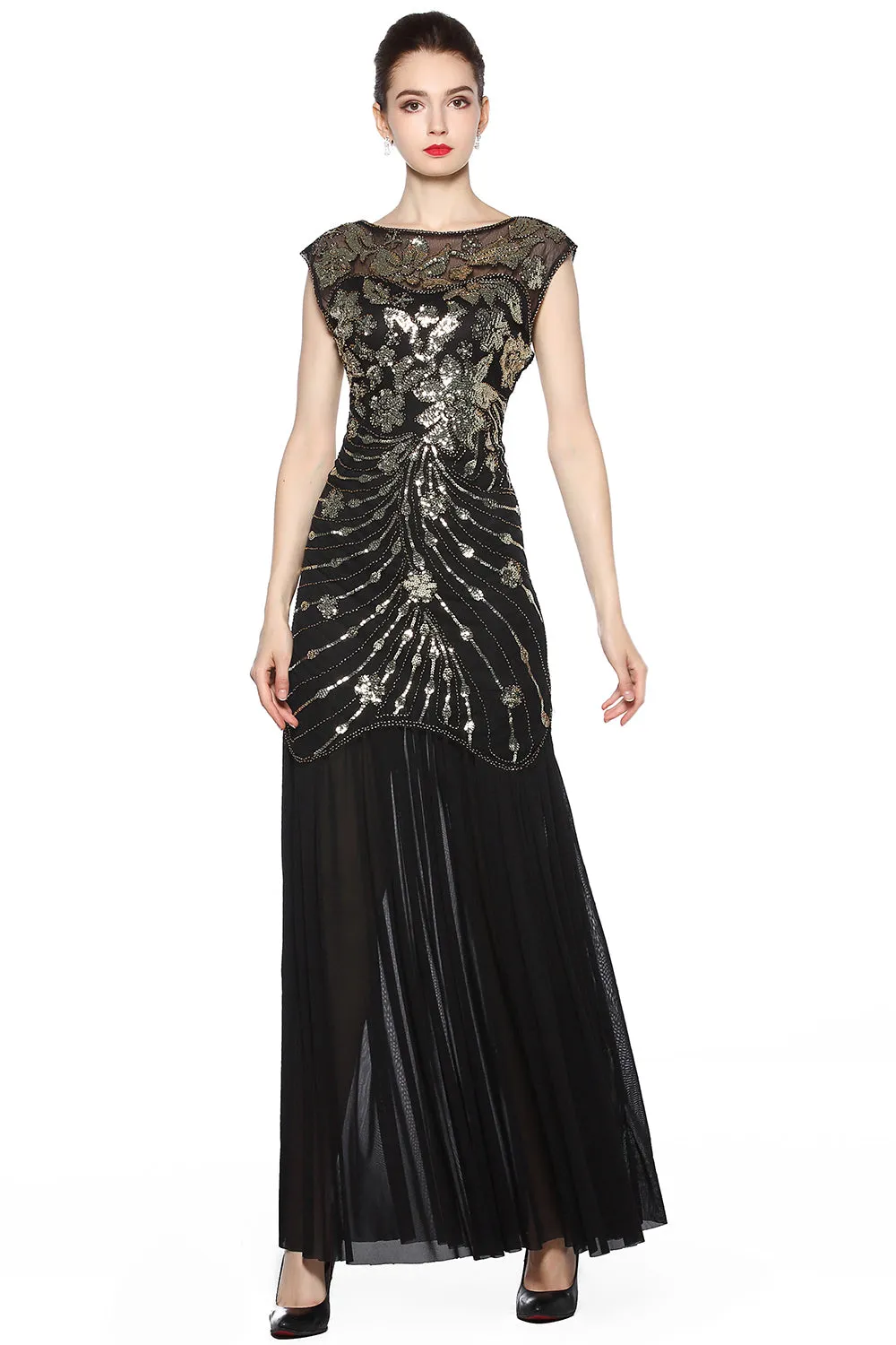 Black Sequin Long 1920s Dress sold by Zapaka