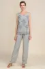 Zapaka Women Grey 3 Piece Mother of the Bride Pant Suits with Lace sold by Zapaka