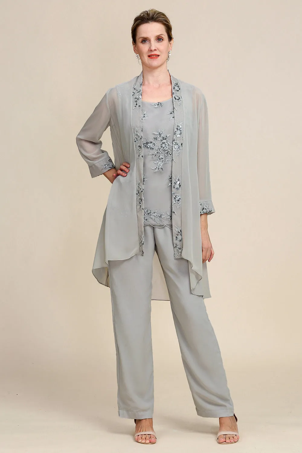Zapaka Women Grey 3 Piece Mother of the Bride Pant Suits with Lace sold by Zapaka