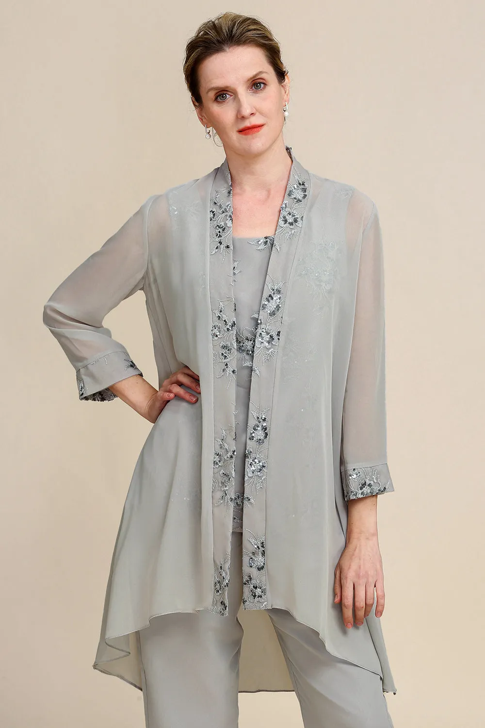 Zapaka Women Grey 3 Piece Mother of the Bride Pant Suits with Lace sold by Zapaka product image thumbnail 5