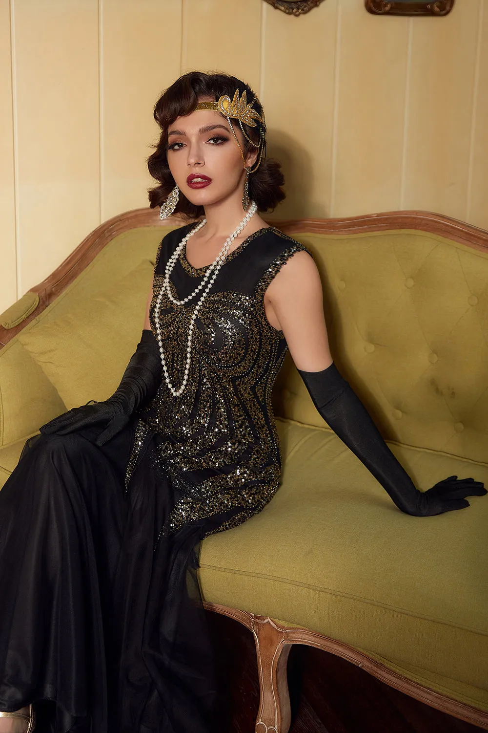 Black Golden Sequins Long 1920s Dress sold by Zapaka product image thumbnail 5