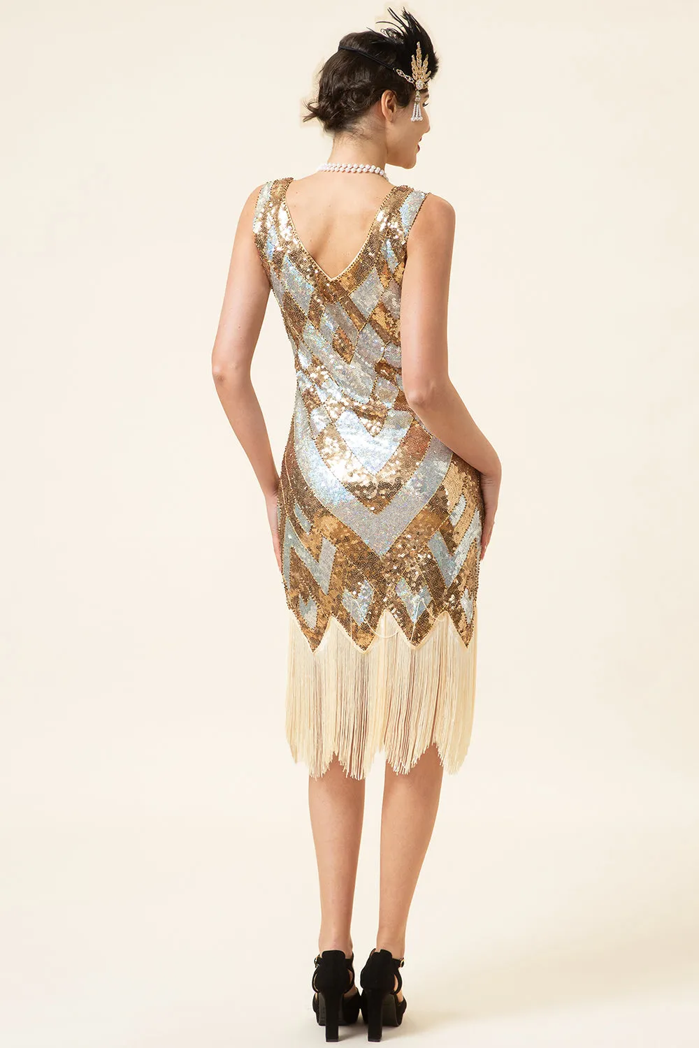 Golden and Silver Sequined Fringes 1920s Gatsby Flapper Dress with 20s Accessories Set sold by Zapaka product image thumbnail 3