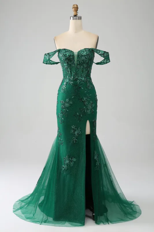 Mermaid Off The Shoulder Dark Green Prom Dress with Appliques sold by Zapaka