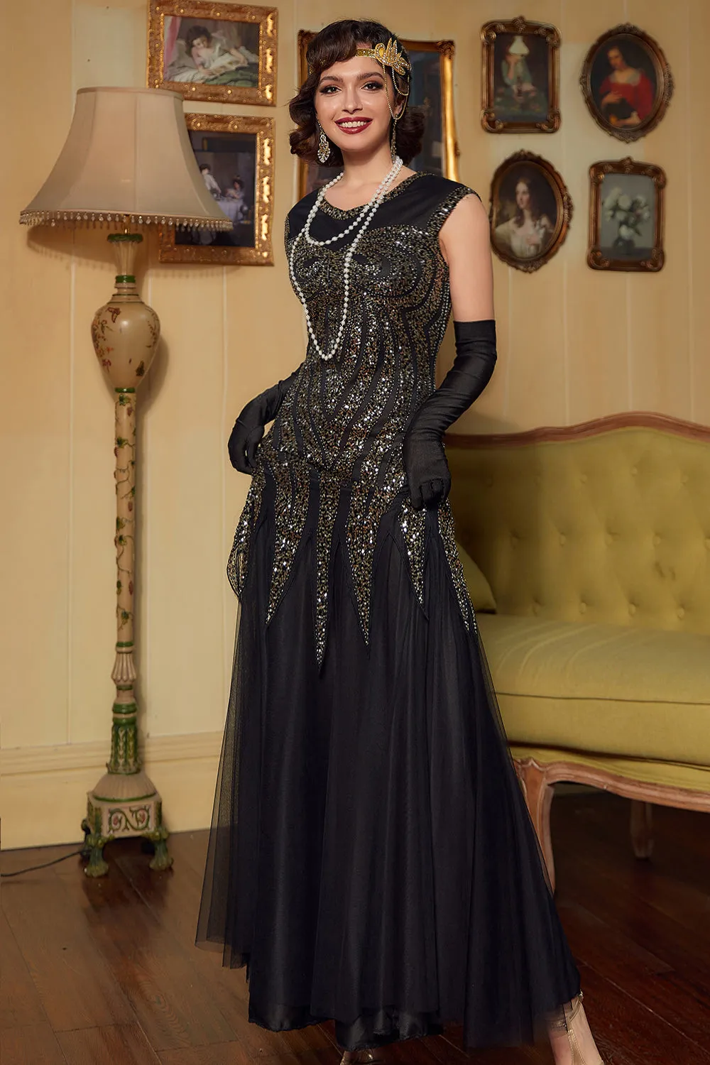 Black Golden Sequins Long 1920s Dress sold by Zapaka product image thumbnail 4
