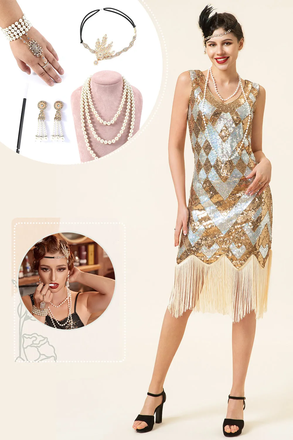 Golden and Silver Sequined Fringes 1920s Gatsby Flapper Dress with 20s Accessories Set sold by Zapaka