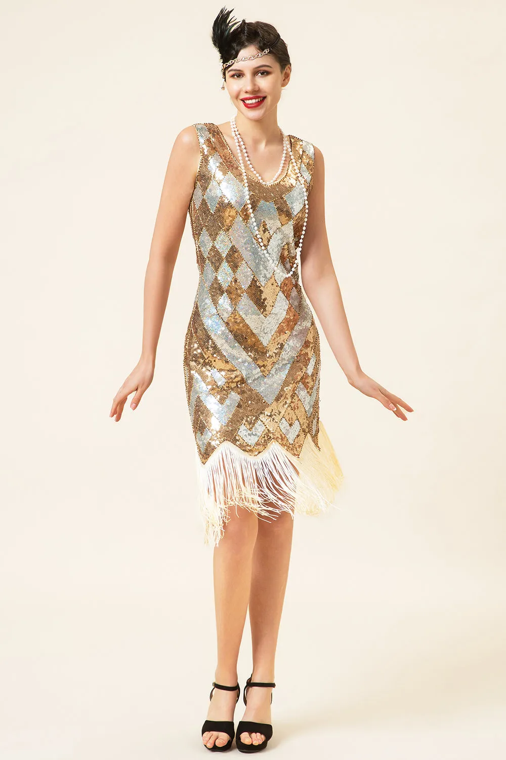 Golden and Silver Sequined Fringes 1920s Gatsby Flapper Dress with 20s Accessories Set sold by Zapaka product image thumbnail 2