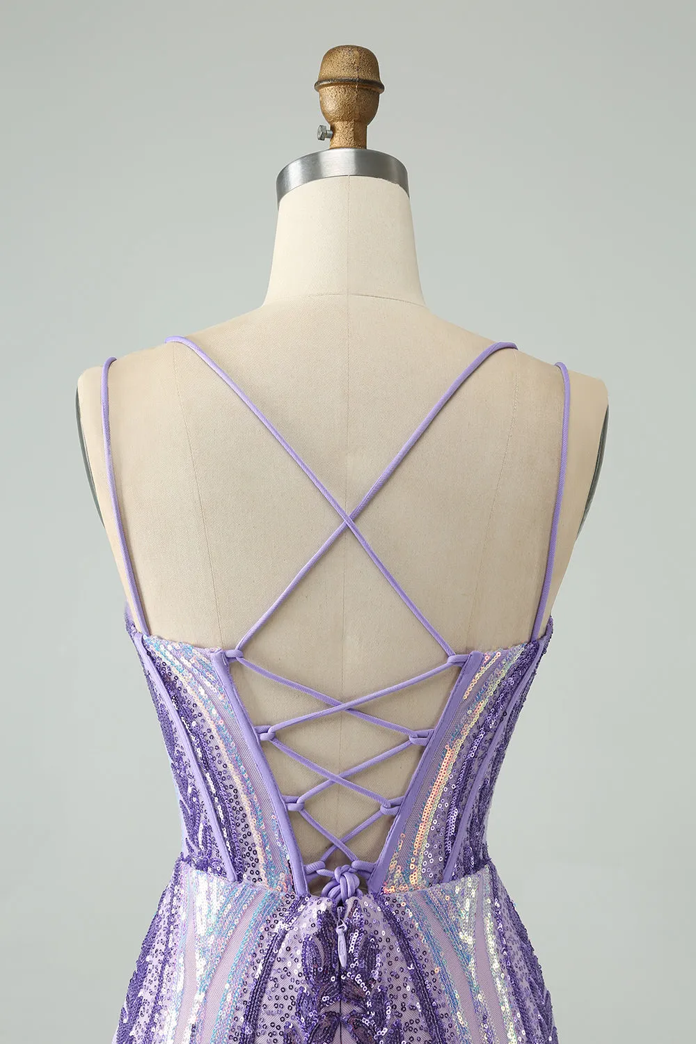 Sparkly Dark Purple Spaghetti Straps Corset Unique Homecoming Dress with Sequins sold by Zapaka product image thumbnail 5