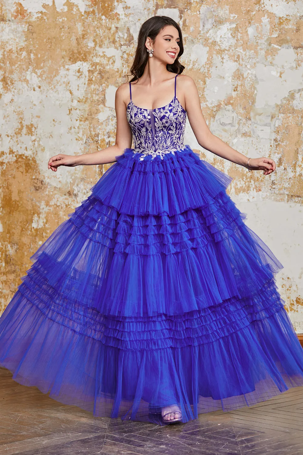 Gorgeous A Line Spaghetti Straps Royal Blue Long Prom Dress with Ruffles Appliques sold by Zapaka product image thumbnail 5
