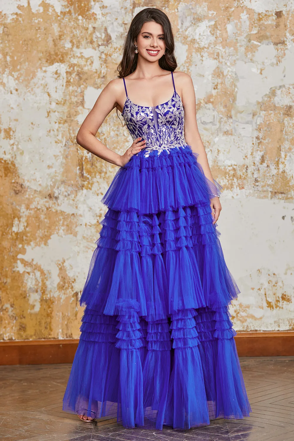 Gorgeous A Line Spaghetti Straps Royal Blue Long Prom Dress with Ruffles Appliques sold by Zapaka