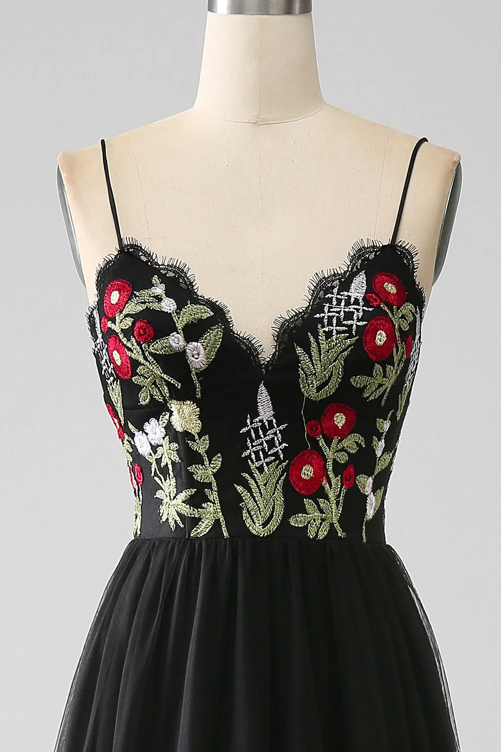 Black A-Line Spaghetti Straps Embroidered Long Corset Prom Dress sold by Zapaka product image thumbnail 4