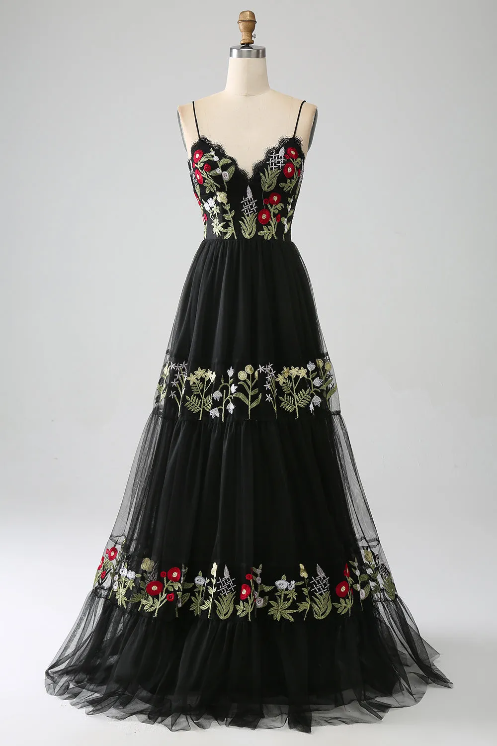 Black A-Line Spaghetti Straps Embroidered Long Corset Prom Dress sold by Zapaka