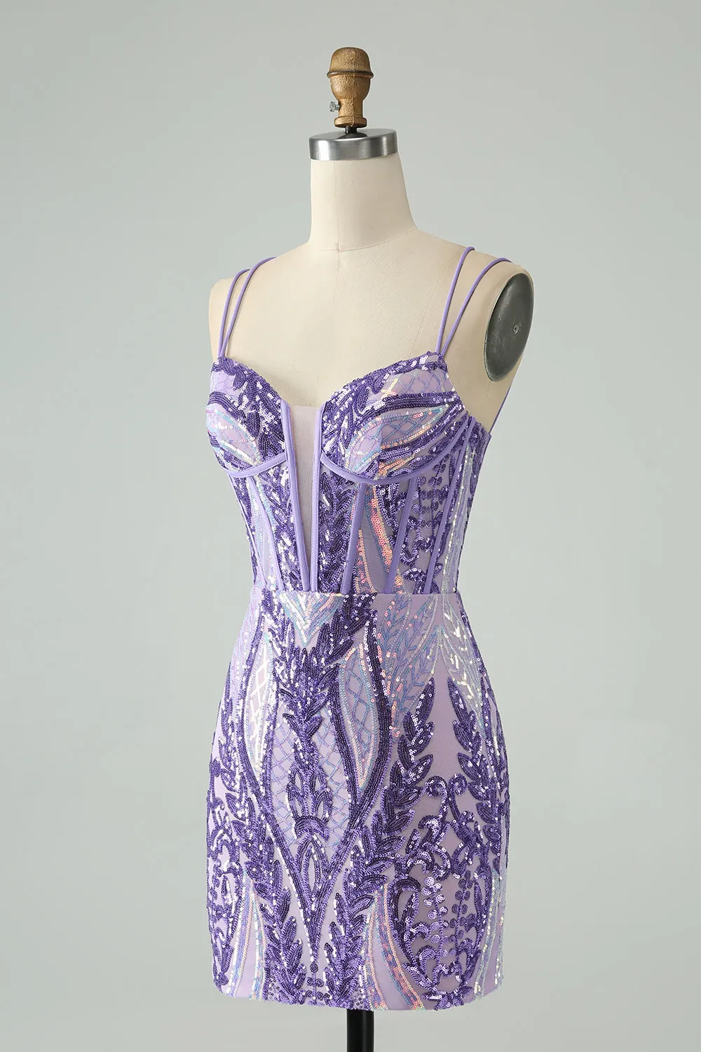 Sparkly Dark Purple Spaghetti Straps Corset Unique Homecoming Dress with Sequins sold by Zapaka product image thumbnail 3