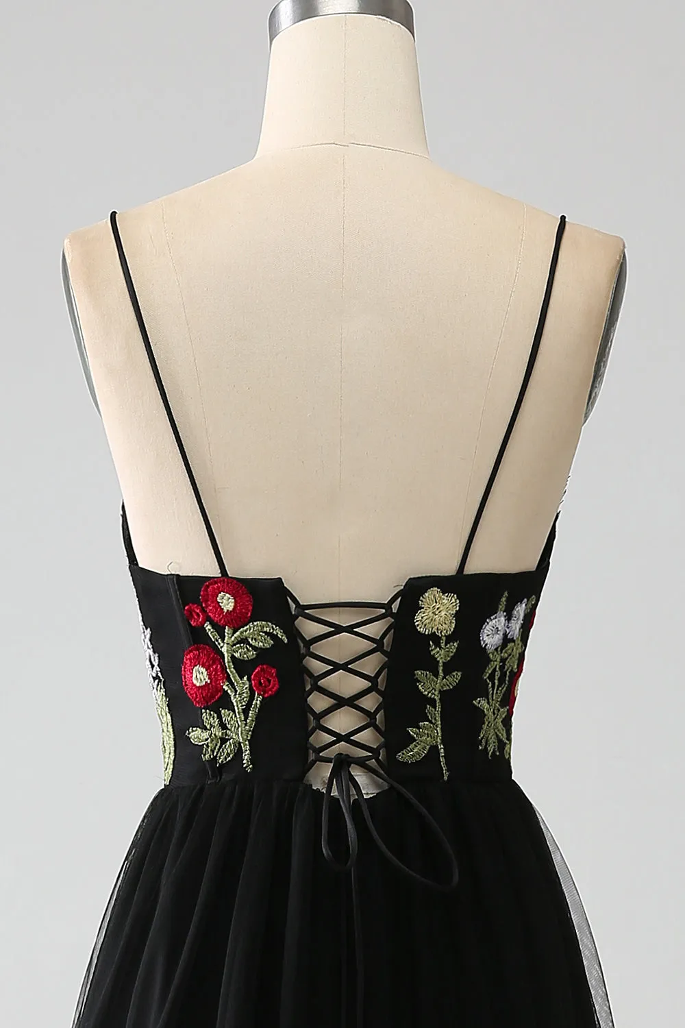 Black A-Line Spaghetti Straps Embroidered Long Corset Prom Dress sold by Zapaka product image thumbnail 5