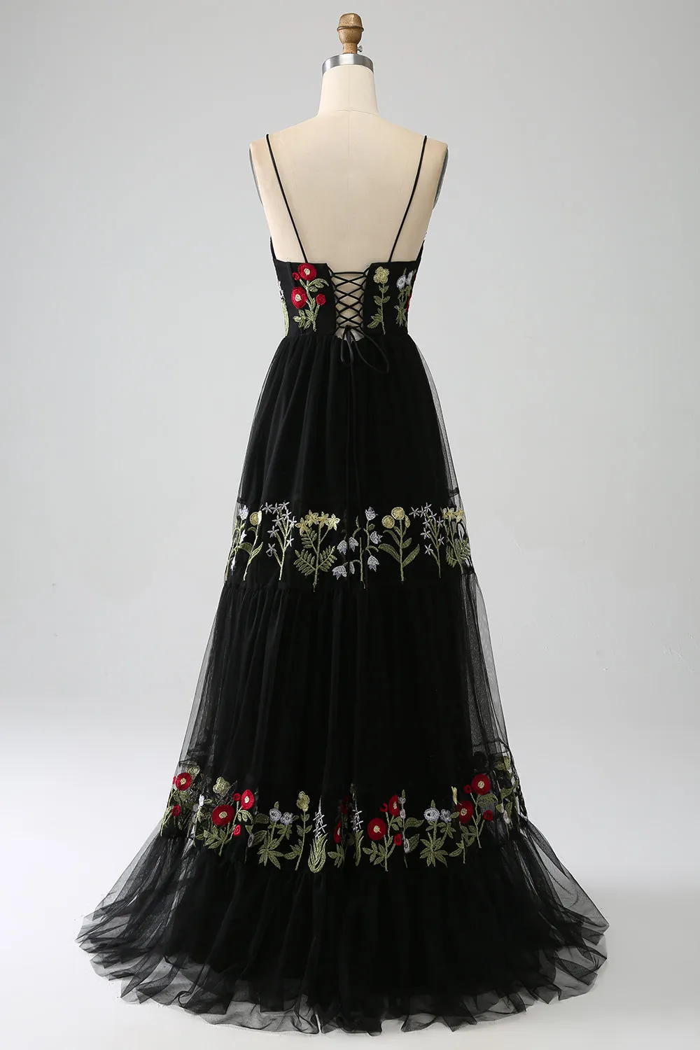 Black A-Line Spaghetti Straps Embroidered Long Corset Prom Dress sold by Zapaka product image thumbnail 2