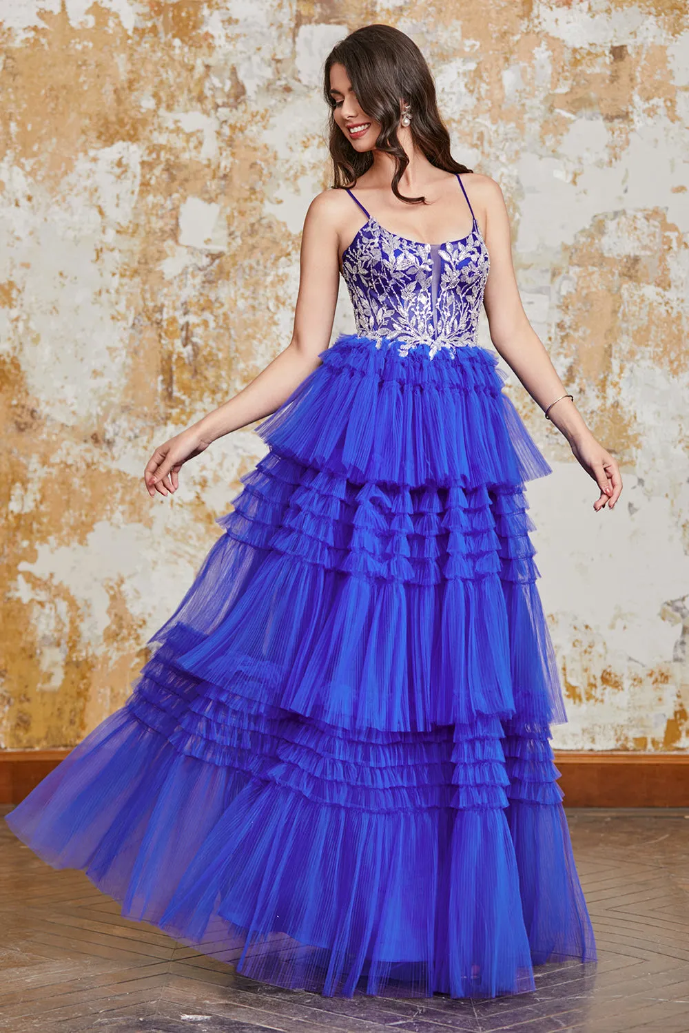 Gorgeous A Line Spaghetti Straps Royal Blue Long Prom Dress with Ruffles Appliques sold by Zapaka product image thumbnail 4