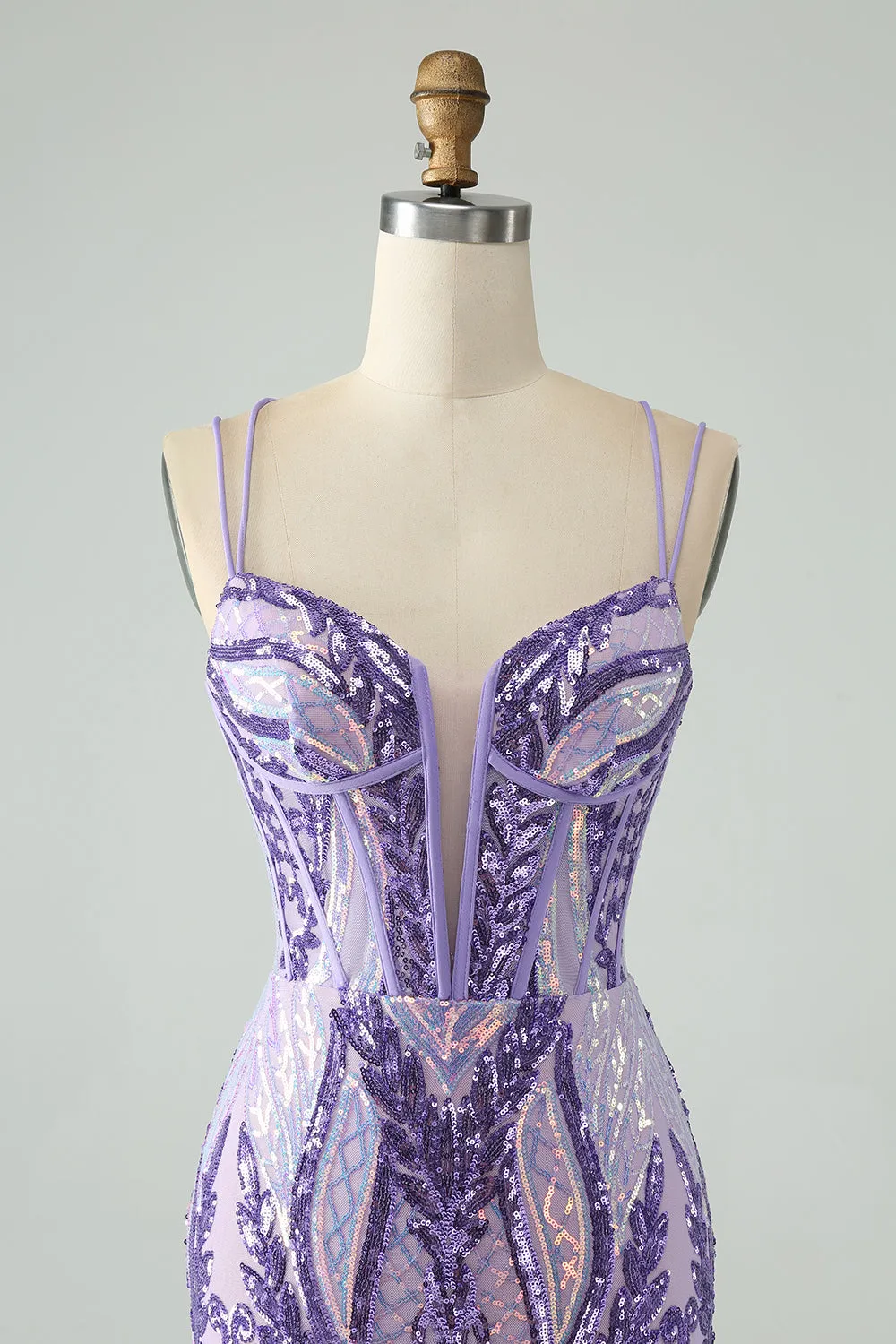 Sparkly Dark Purple Spaghetti Straps Corset Unique Homecoming Dress with Sequins sold by Zapaka product image thumbnail 4
