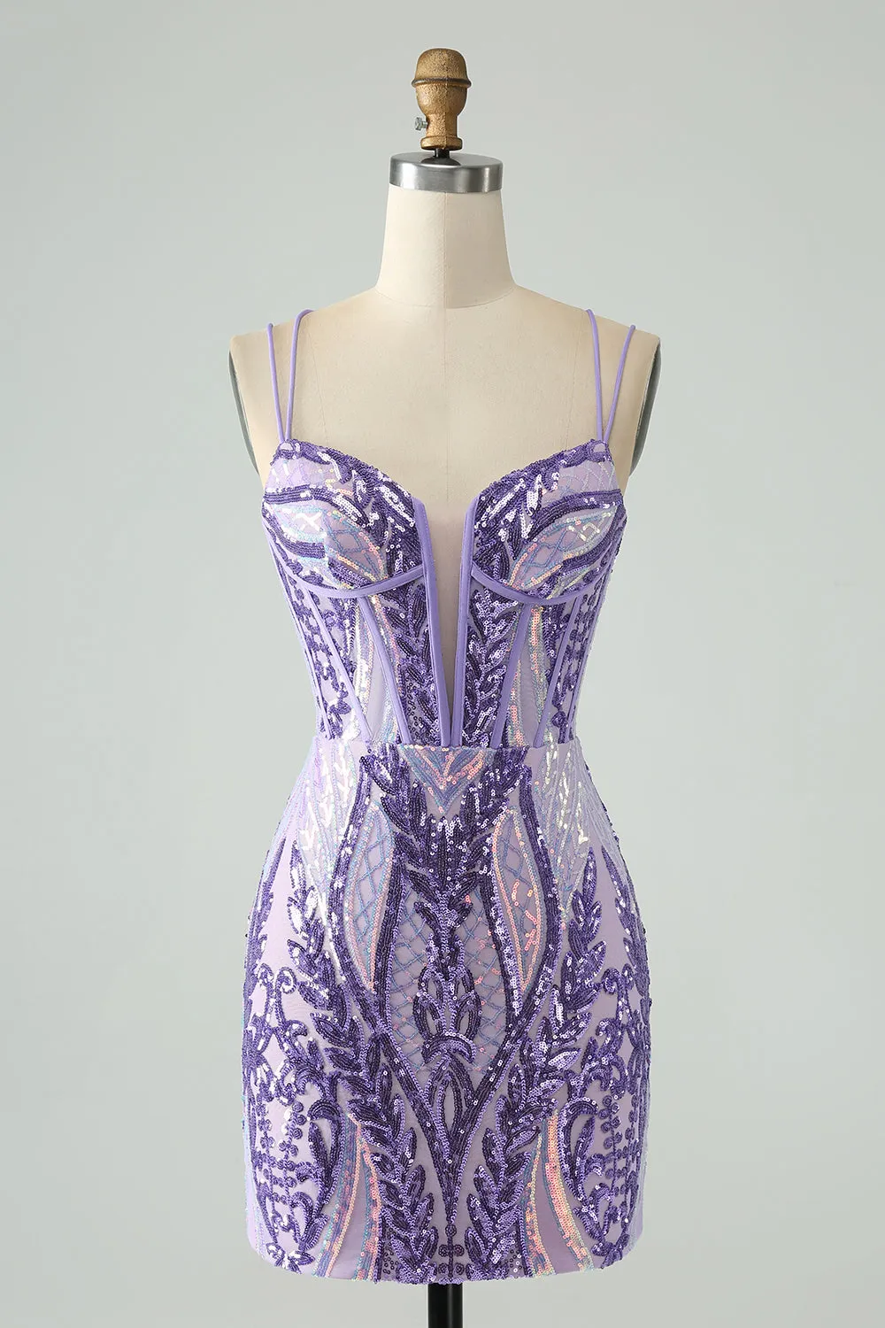 Sparkly Dark Purple Spaghetti Straps Corset Unique Homecoming Dress with Sequins sold by Zapaka