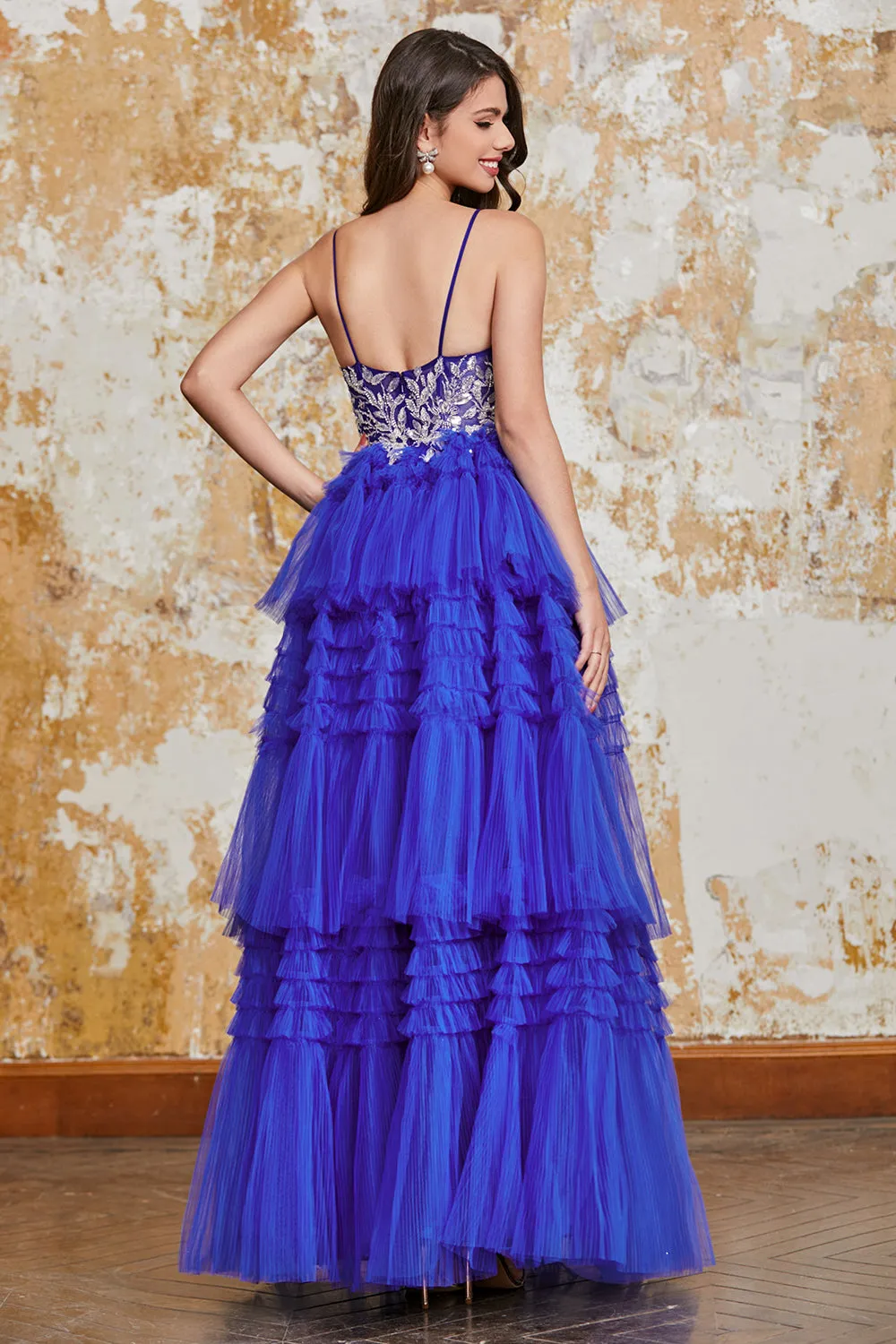 Gorgeous A Line Spaghetti Straps Royal Blue Long Prom Dress with Ruffles Appliques sold by Zapaka product image thumbnail 2
