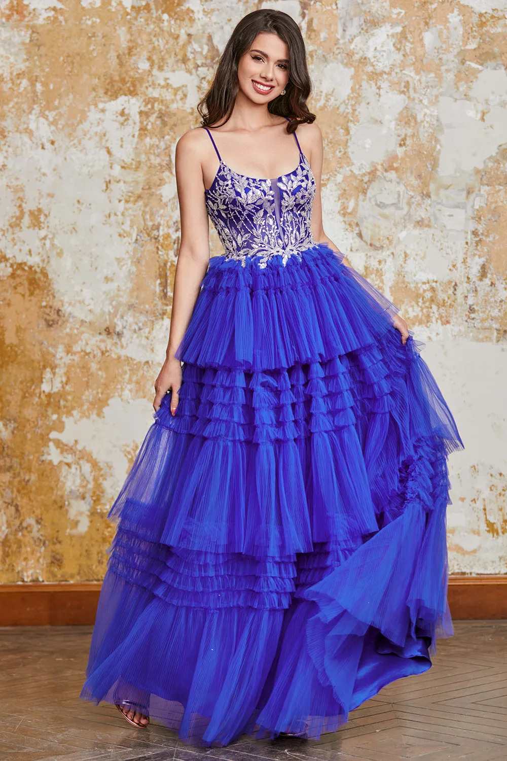 Gorgeous A Line Spaghetti Straps Royal Blue Long Prom Dress with Ruffles Appliques sold by Zapaka product image thumbnail 3