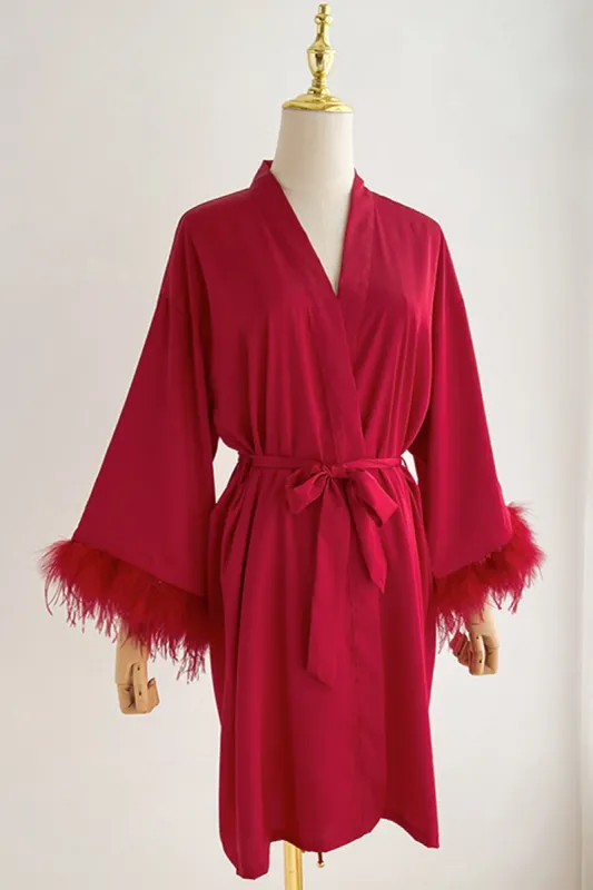 Red Bride Bridesmaid Tea-Length Robe with Feather sold by Zapaka