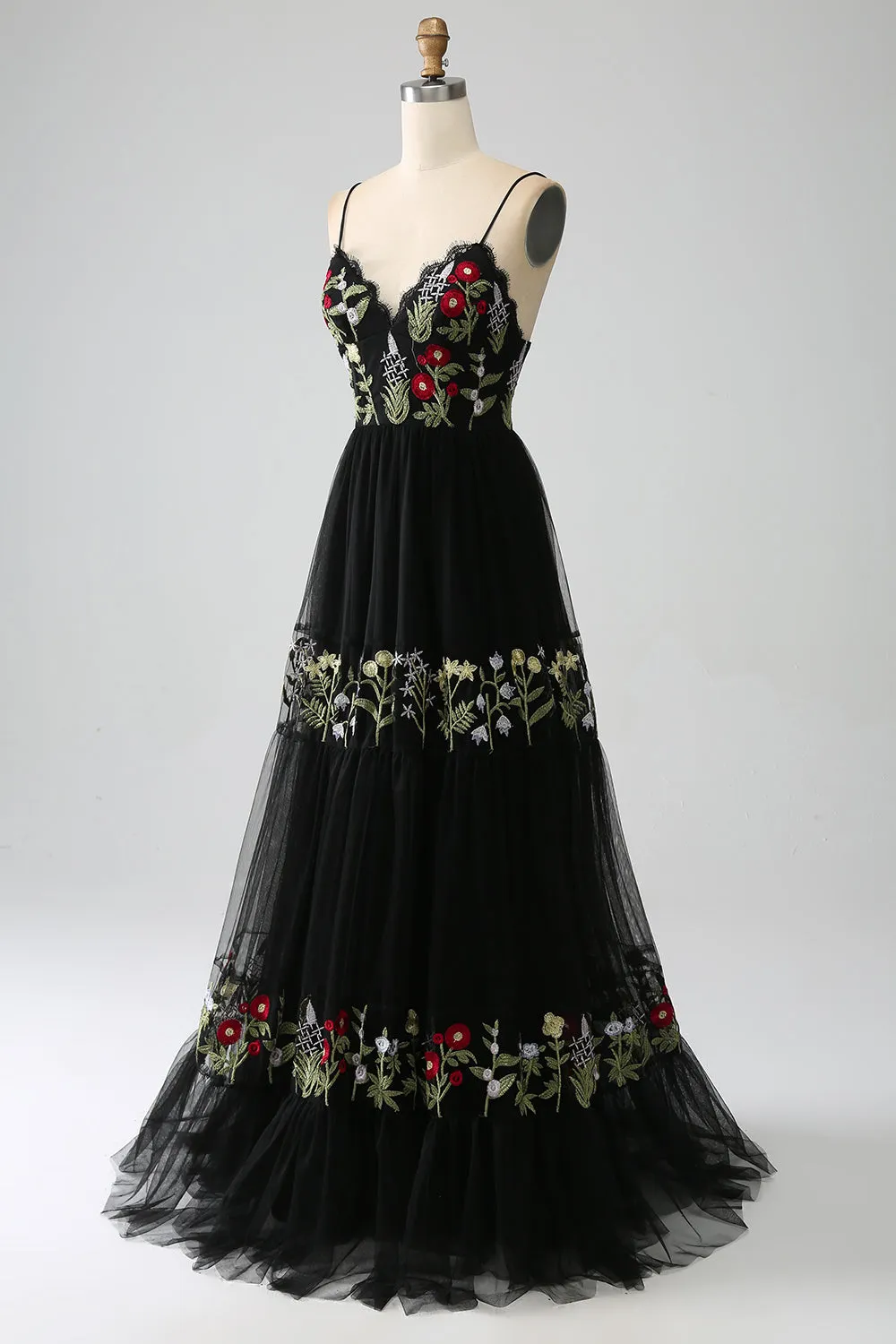 Black A-Line Spaghetti Straps Embroidered Long Corset Prom Dress sold by Zapaka product image thumbnail 3