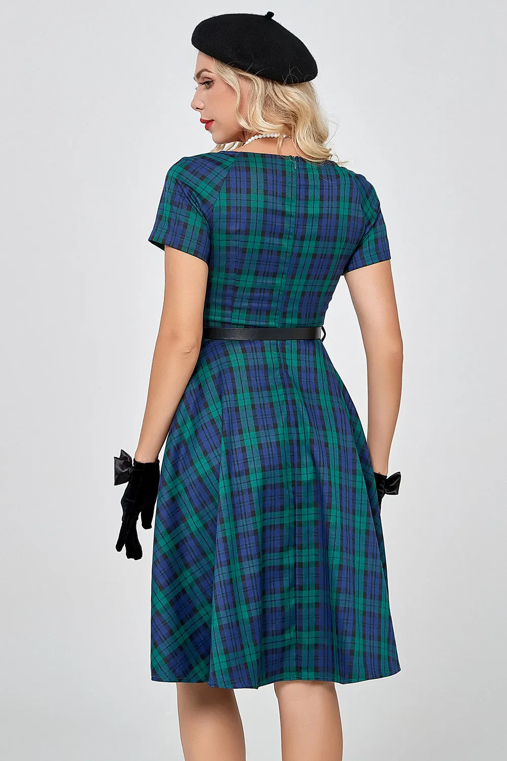 Dark Green Short Sleeves 1950s Plaid Dress sold by Zapaka product image thumbnail 2