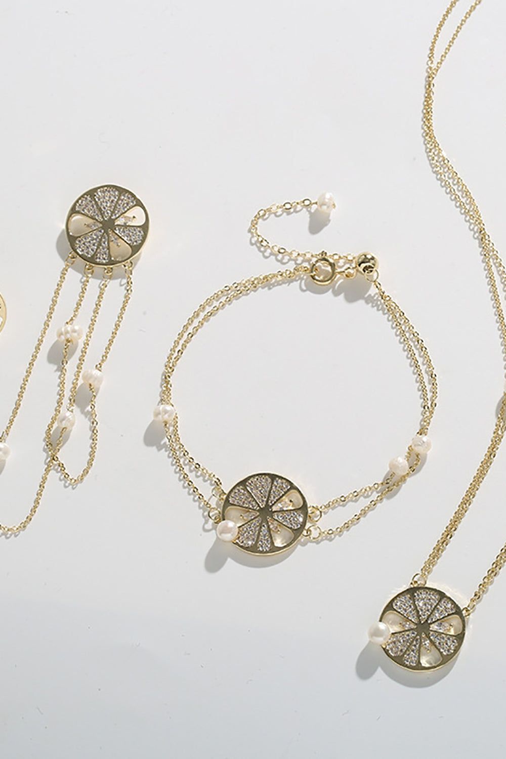Golden Freshwater Pearl Necklace and Earring Set with Pearl Bracelet sold by Zapaka