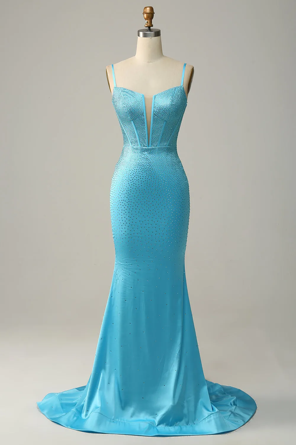 Mermaid Spaghetti Straps Blue Beaded Prom Dress sold by Zapaka
