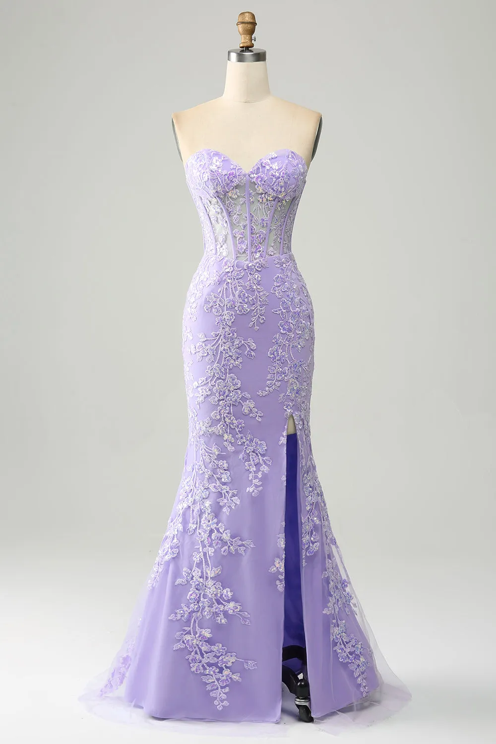 Lilac Mermaid Sweetheart Corset Appliques Prom Dress With Side Slit sold by Zapaka