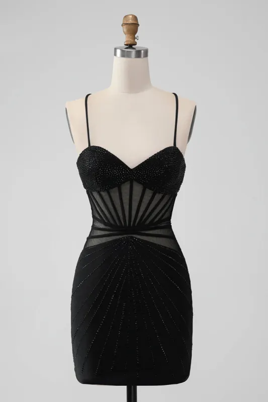 Black Bodycon Spaghetti Straps Corset Homecoming Dress with Beading sold by Zapaka