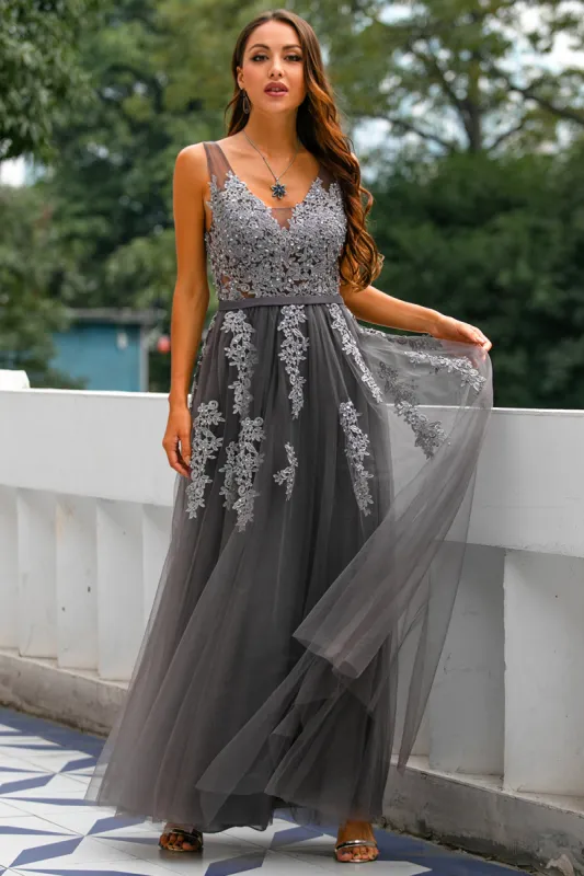 Grey Tulle Prom Dress with Appliques sold by Zapaka