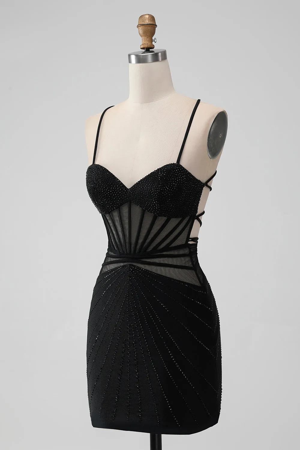 Black Bodycon Spaghetti Straps Corset Homecoming Dress with Beading sold by Zapaka product image thumbnail 3