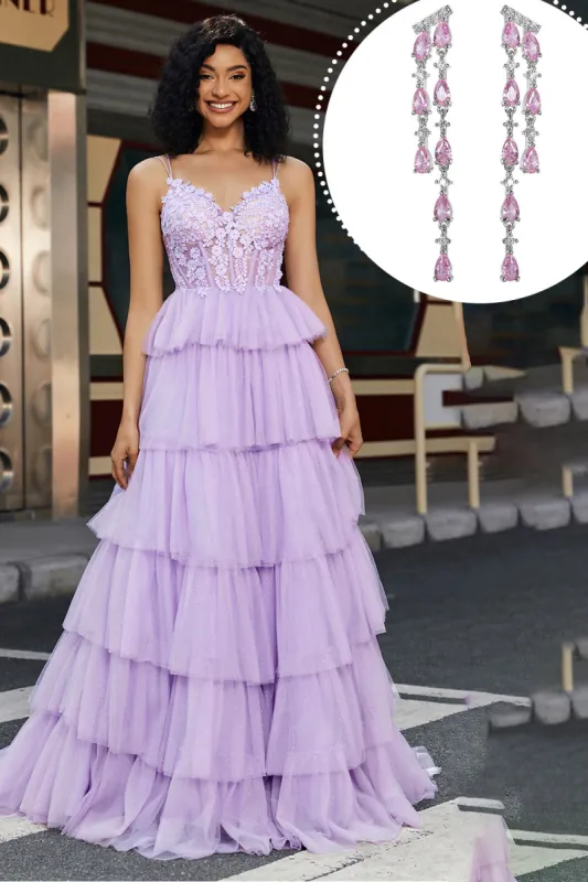 Purple Princess A Line Tiered Corset Prom Dress with Accessory sold by Zapaka