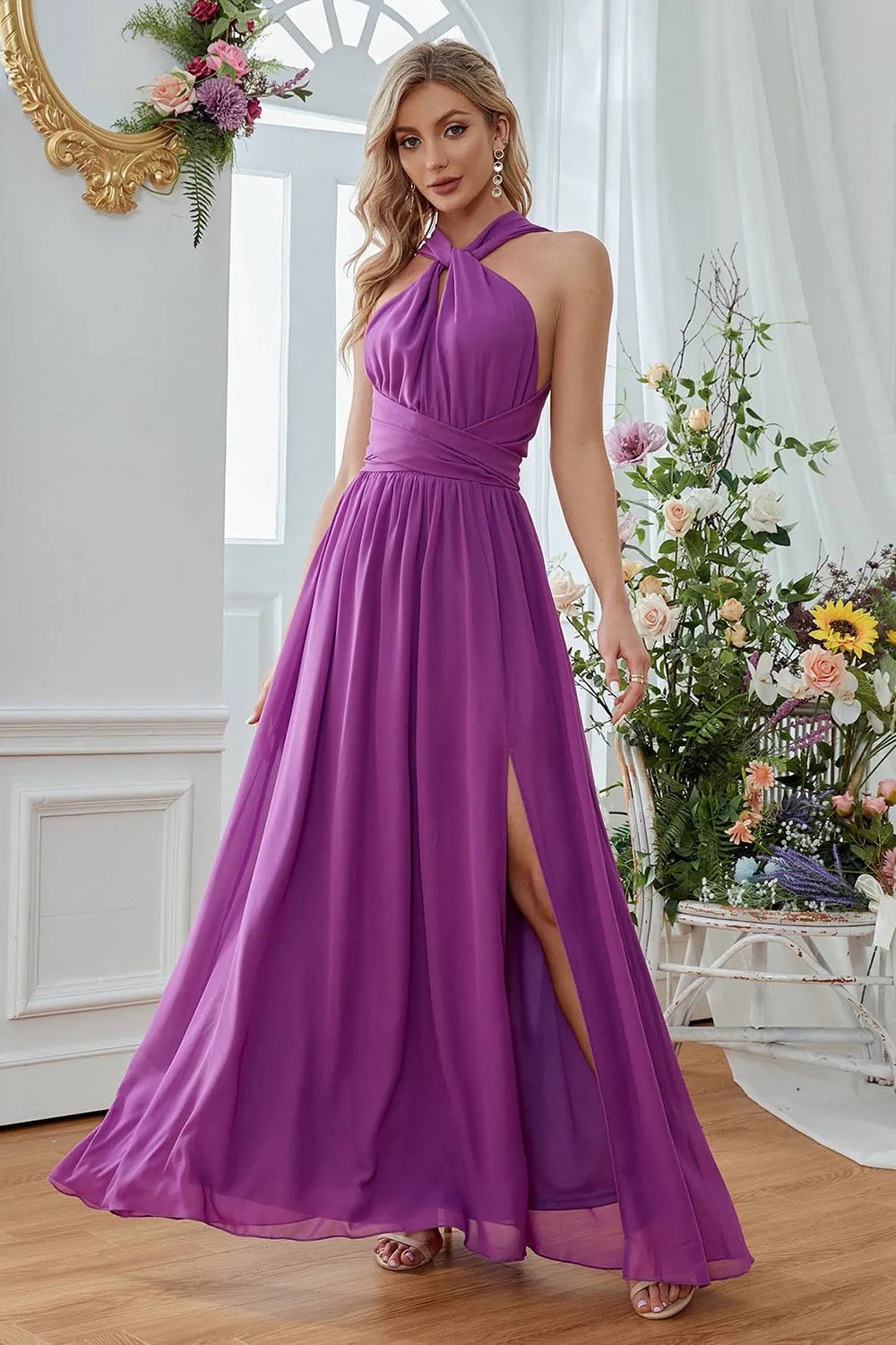 Purple Halter Neck A-line Long Bridesmaid Dress sold by Zapaka