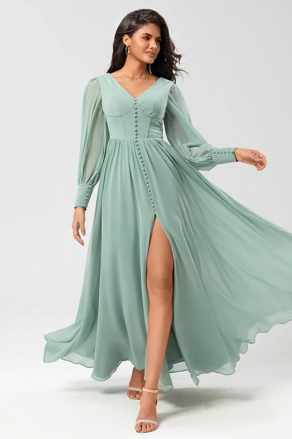 Chiffon A Line Long Sleeves Bridesmaid Dress with Buttons sold by Zapaka product image thumbnail 3