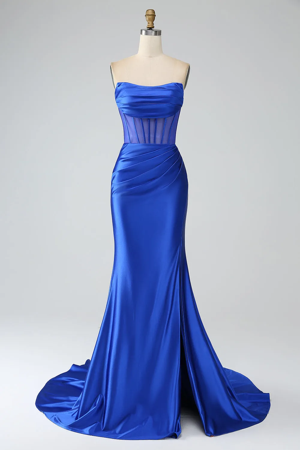 Royal Blue Mermaid Strapless Pleated Corset Long Prom Dress with