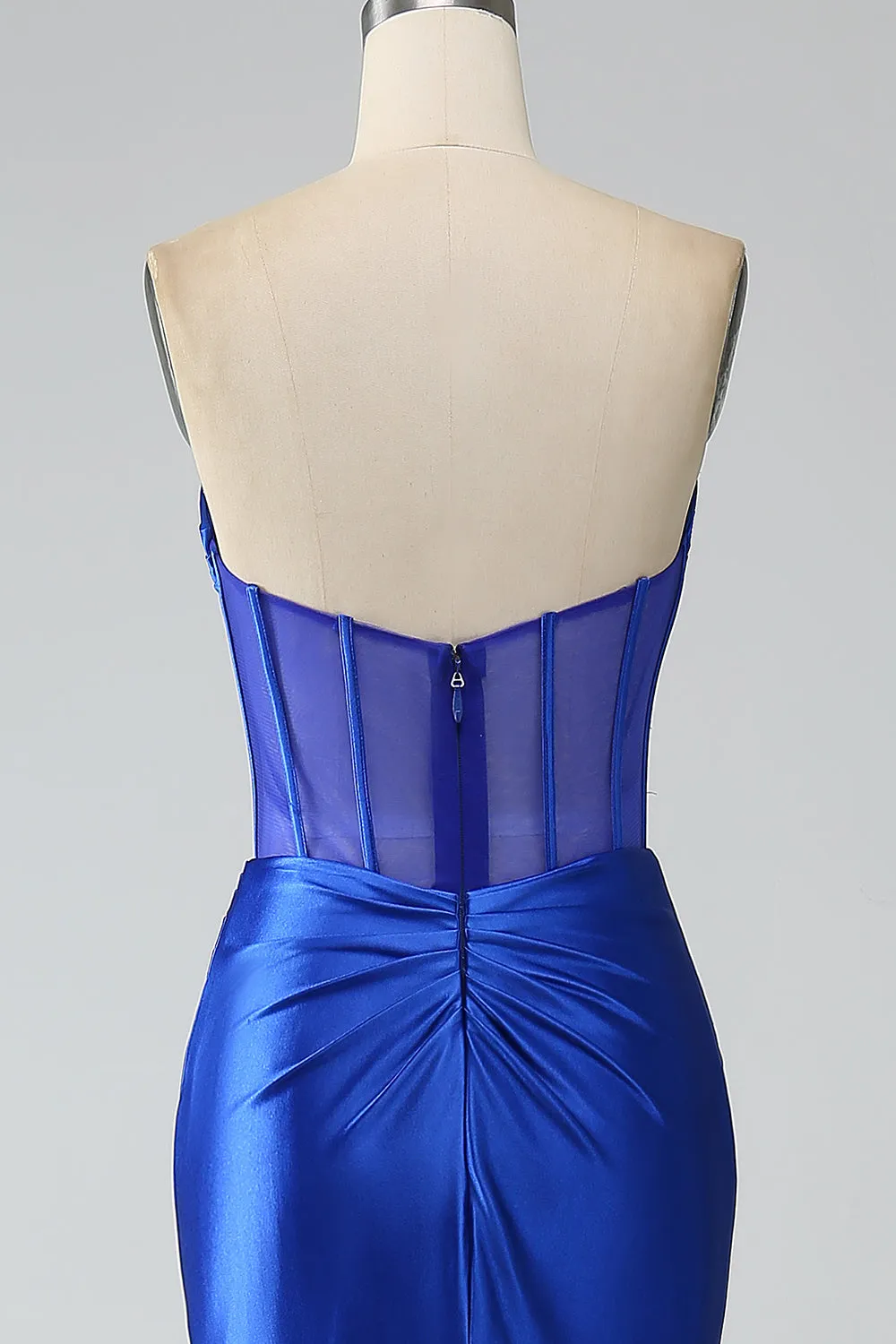 Royal Blue Mermaid Strapless Pleated Corset Long Prom Dress with Slit sold by Zapaka product image thumbnail 5