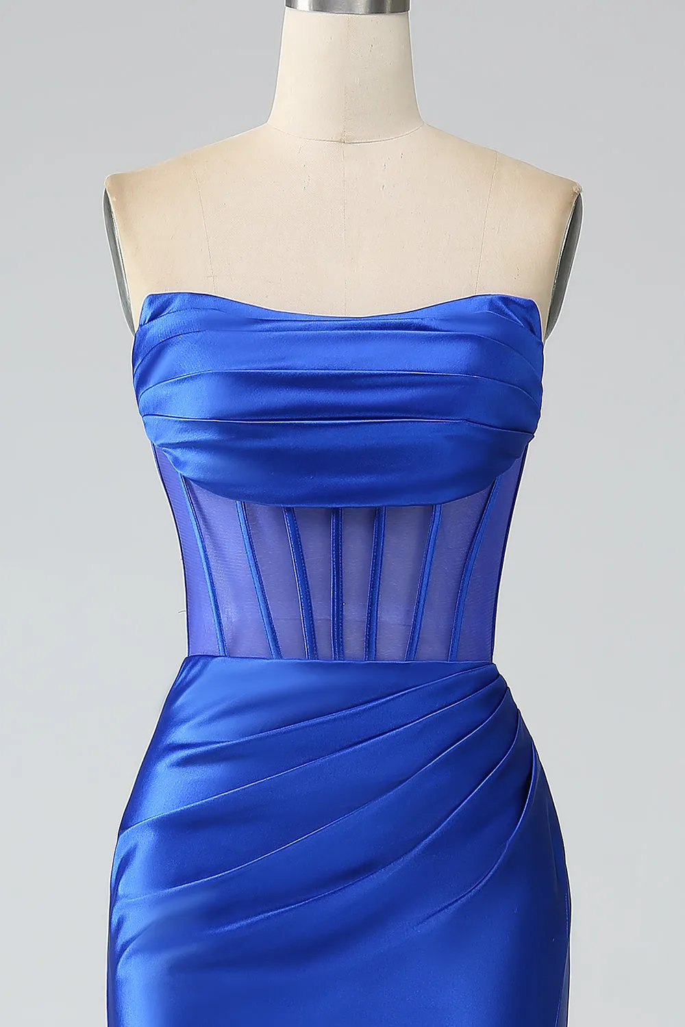 Royal Blue Mermaid Strapless Pleated Corset Long Prom Dress with Slit sold by Zapaka product image thumbnail 4