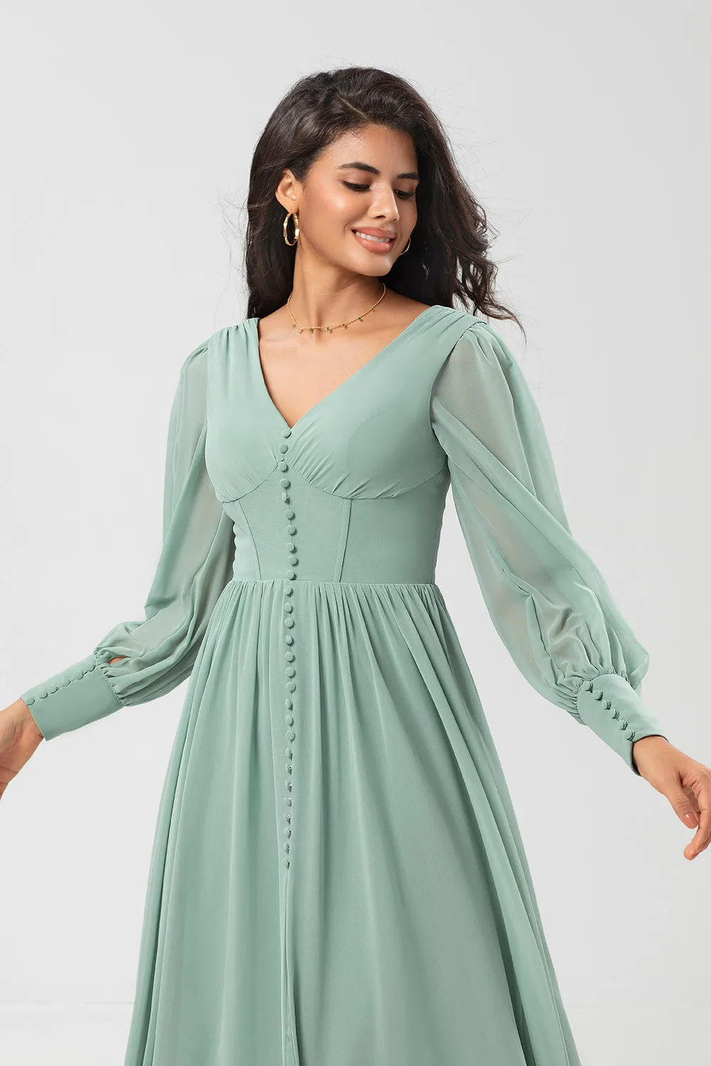 Chiffon A Line Long Sleeves Bridesmaid Dress with Buttons sold by Zapaka product image thumbnail 4
