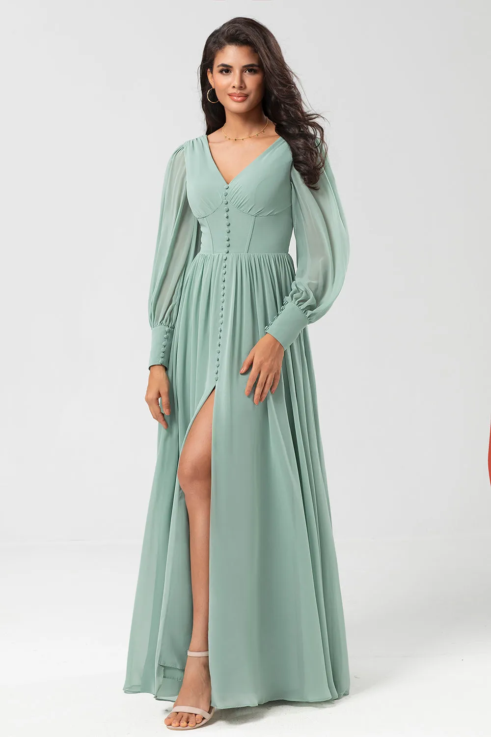 Chiffon A Line Long Sleeves Bridesmaid Dress with Buttons sold by Zapaka