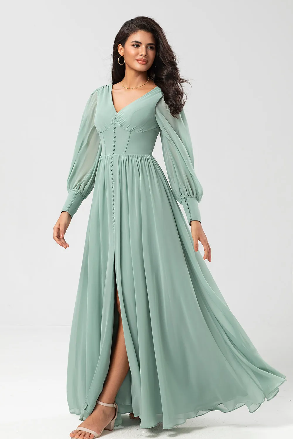 Chiffon A Line Long Sleeves Bridesmaid Dress with Buttons sold by Zapaka product image thumbnail 5
