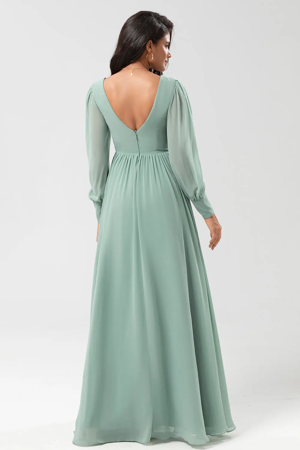 Chiffon A Line Long Sleeves Bridesmaid Dress with Buttons sold by Zapaka product image thumbnail 2