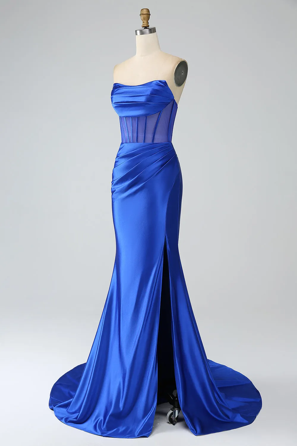 Royal Blue Mermaid Strapless Pleated Corset Long Prom Dress with Slit sold by Zapaka product image thumbnail 3