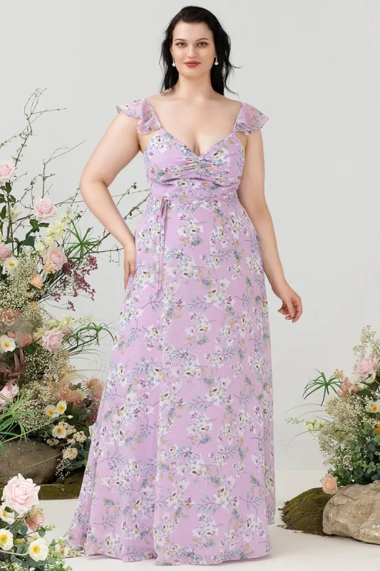 Purple Floral Print Plus Size Bridesmaid Dress sold by Zapaka